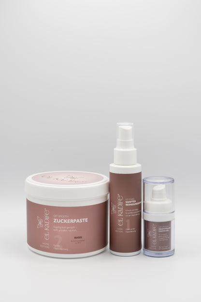 Kleines Starter Paket für Einsteiger mit Zuckerpaste, Enzym Gel zur dauerhaften Haarwuchsreduktion und klärendes Reinigungsspray zur Vorbereitung der Haut.