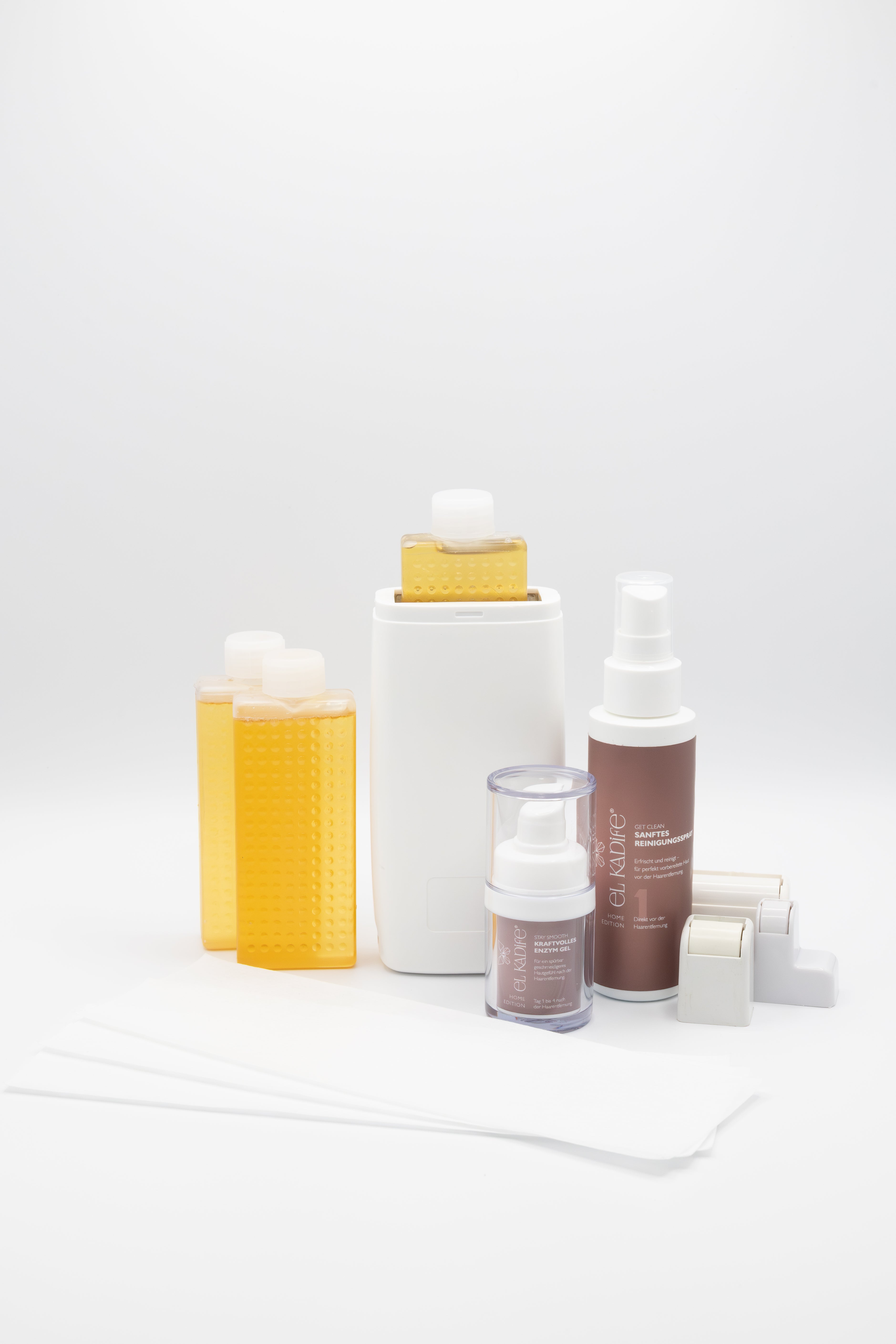 Starter Set Zuckerpatronen für zu Hause mit Zuckerpatrone, Reinigung, kraftvolles Enzym Gel zur dauerhaften Haarwuchsreduktioon und 3 Rollaufsätze für die verschiedenen Hautbereiche.